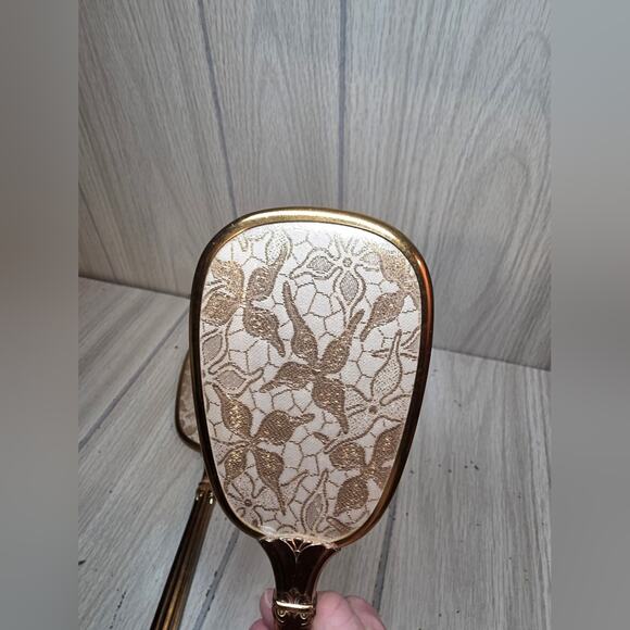 Vtg Handheld Victorian Vanity Dresser Mirror And Brush Set USA Made Gold Lace - Picture 2 of 6